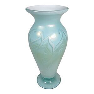 Vtg Turquoise Blue Iridescent Pulled Feather Art Glass Vase 8.5" Signed Williams